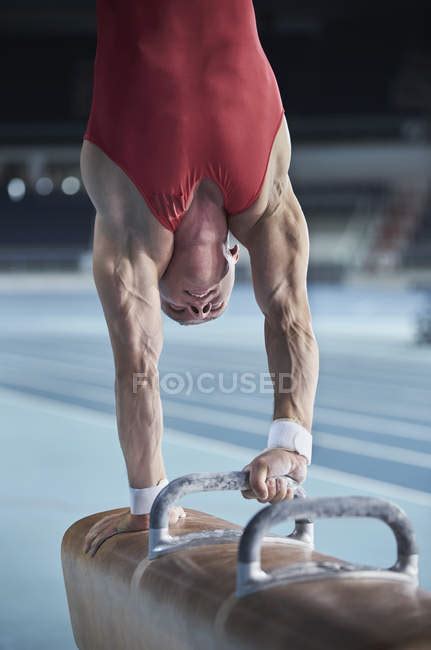 Male Gymnast Performing Upside Down Handstand On Pommel Horse