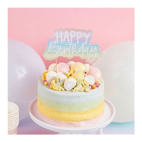 Eco Pastel Rainbow Happy Birthday Paper Cake Topper 21cm Party Delights