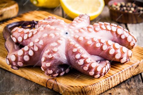Premium Photo Whole Fresh Raw Octopus On Cutting Board With Lemon And