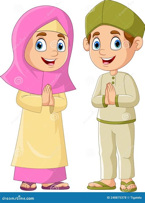 Happy Muslim Girl And Boy Cartoon Stock Vector Illustration Of Kareem