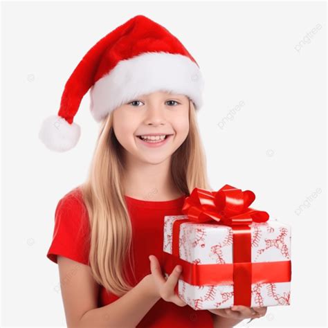 فتاة جميلة ترتدي قبعة سانتا مع هدية عيد الميلاد على شجرة عيد الميلاد امرأة عيد الميلاد هدية