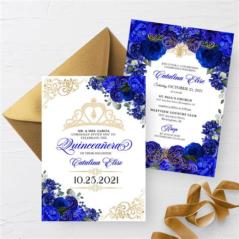 Editable Invitation Elegant Royal Blue Floral Quinceanera Etsy Elegant Invitations