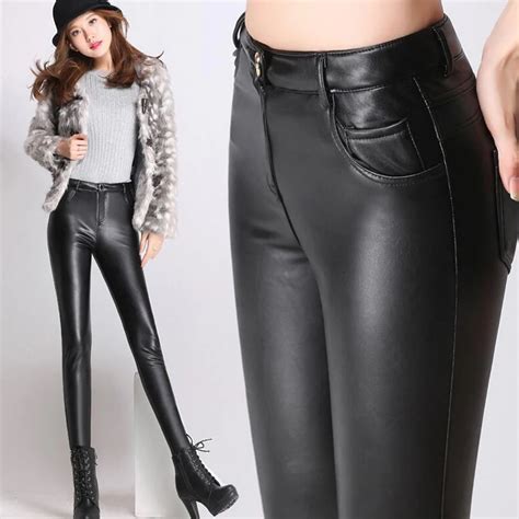 buy 2019 warm black women leather pants plus size 4xl female thicken velvet pu