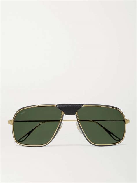 Cartier Eyewear Leather Trimmed Aviator Style Gold Tone Sunglasses For Men Mr Porter