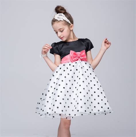 2016 Hot Sale Girls Polka Dot Dress Child Bow Decoration Short Sleeve