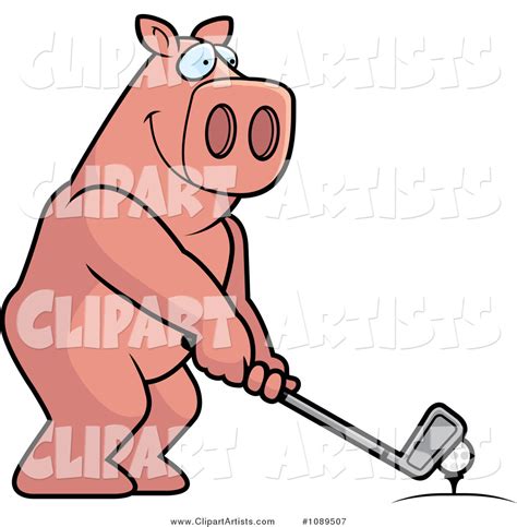 Golfing Pig Holding The Club Against The Ball On The Tee Clipart By