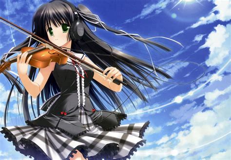 Sky Headphones Girl Anime View Form The Violin Phone Wallpapers