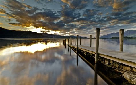 Reflection Nature Lakes Landscapes Dock Mountains Sky Clouds Sunset