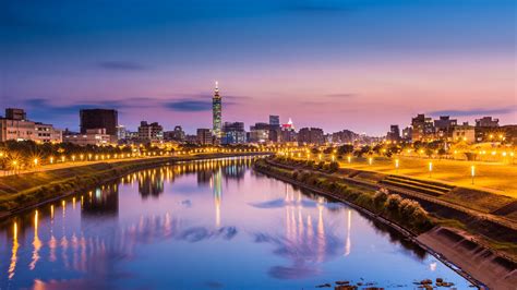 Taiwan City Night Twilight Bridge River Coast Nightlights Red Sky