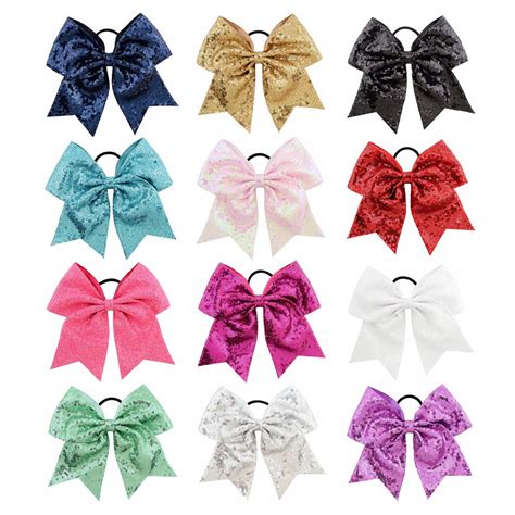 12 Pcslot 8 Sequin Cheer Bow Large Hair Bows Ponytail Holder Elastic