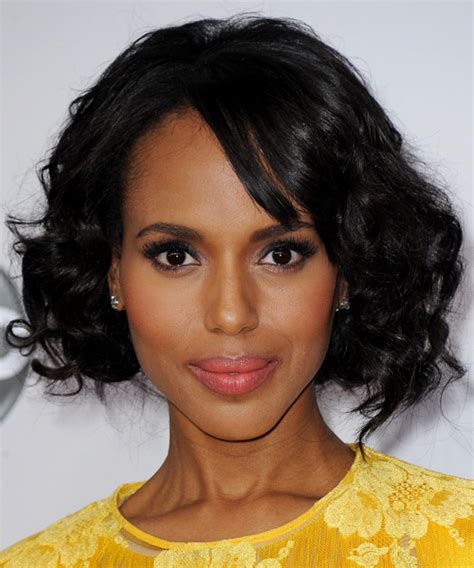 Kerry Washington Medium Curly Layered Black Bob Haircut With Side Swept Bangs