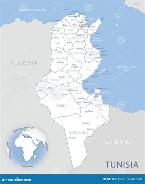 Blue Gray Detailed Map Of Tunisia Administrative Divisions And Location