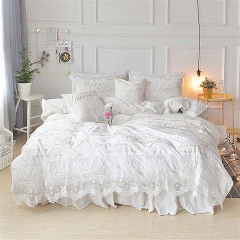 Romantic Princess Ruffle White Lace Bedding Set Queen And King Size Bed