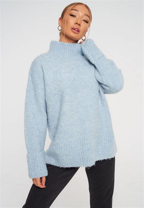 Premium Blue Wool Turn Back Cuff Boucle Sweater Missguided