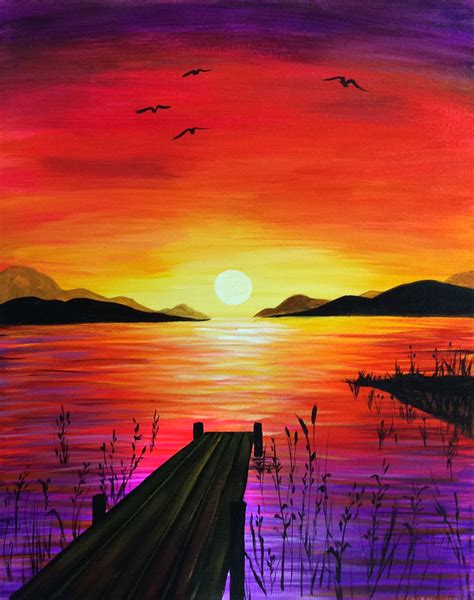 Make a circle sun in the middle of the canvas just above the horizon line. Lakeside Sunset | Sunset painting, Sunset art, Silhouette ...