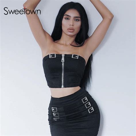 Sweetown Sexy Strapless Tube Top Women Vogue Black Zipper Cropped