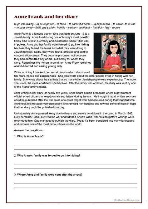 Anne Frank And Her Diary English Esl Worksheets Anne Frank Reading