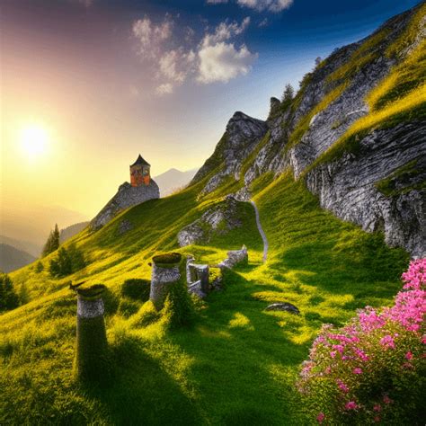 Beautiful Fairytale Landscape With Austrian Mountain And Castle