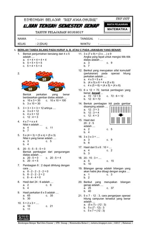 Download Soal Uts Genap Matematika Kelas 2 Sd Mi Semester 2