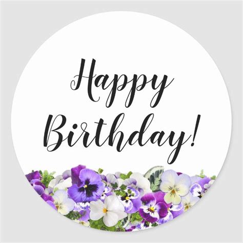 Happy Birthday With Violet Pansies Flowers White Classic Round Sticker
