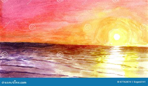 Sunset At The Ocean In Watercolor Stock Illustration Illustration Of