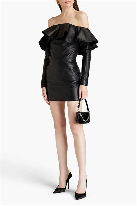 Saint Laurent Off The Shoulder Ruffled Leather Mini Dress Sale Up To