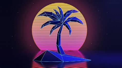 Illustration Sunset Night Neon Blue Palm Trees Retro Style New