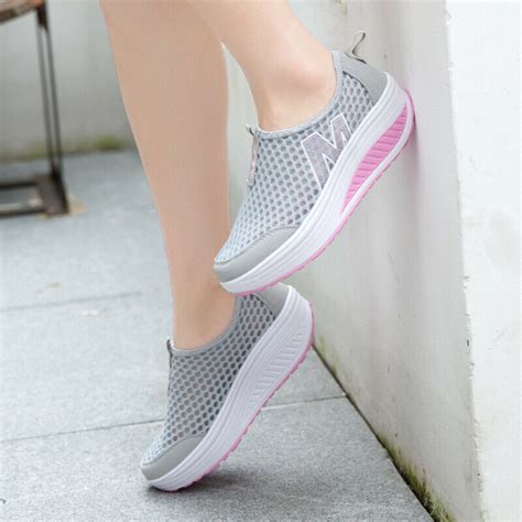 Womens Mesh Breathable Slip On Running Platform Shoes Casual Sports