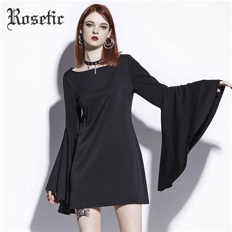 Rosetic Gothic Mini Dress Halloween Black Women Flare Sleeve Autumn Casual Dress Goth Fashion