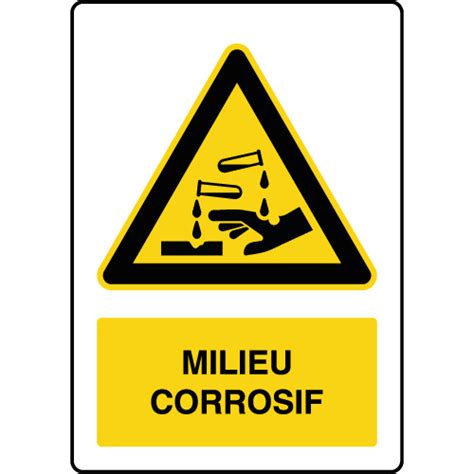 Etiquette pour signaler les produits dangereux corrosifs. Panneau de danger vertical milieu corrosif - Virages.com