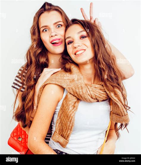 Best Friends Teenage Girls Together Having Fun Posing Emotional On White Background Besties