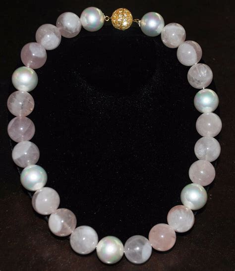 Necklace Pearl Pink Rose Quartz Statement Large Gold Tone Crystal Clasp