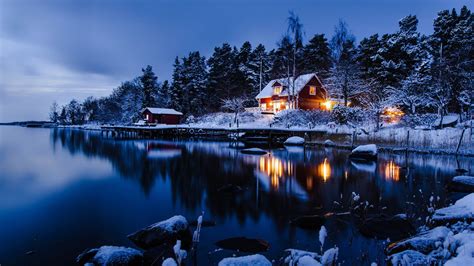 Stockholm Suède Paysage Dhiver De La Neige Des Maisons Lac Bois