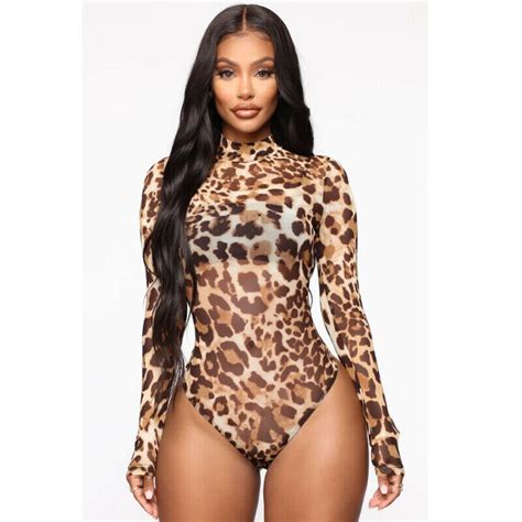 Leopard Print Sexy Bodysuit Women Long Sleeve Slinky High Neck Mesh Sheer Romper Jumpsuit Night