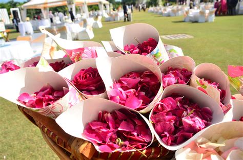 Pink Flowers Are In Paper Cups On A Table At An Outdoor Wedding