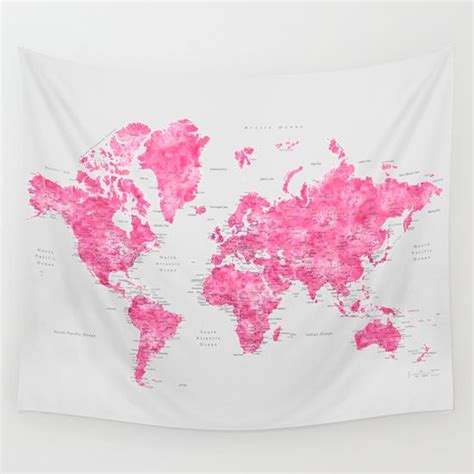Pink Watercolor World Map With Cities Prints In Sizes L And Xl Only