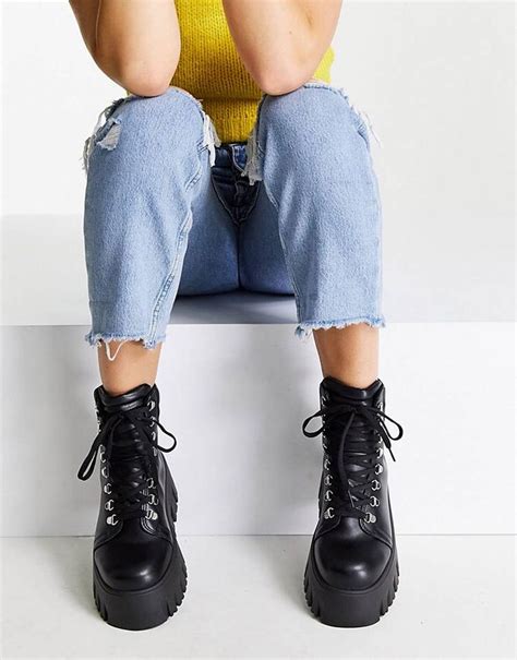 asos design wide fit anastasia chunky hiker lace up boots in black asos lace up boots asos