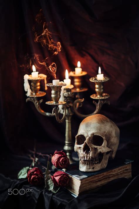 Still Life With Skull Book And Candlestick Human Skull On Book With