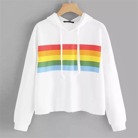 Rainbow Striped Print Hoodie Women White Long Sleeve Hooded Sweatshirt
