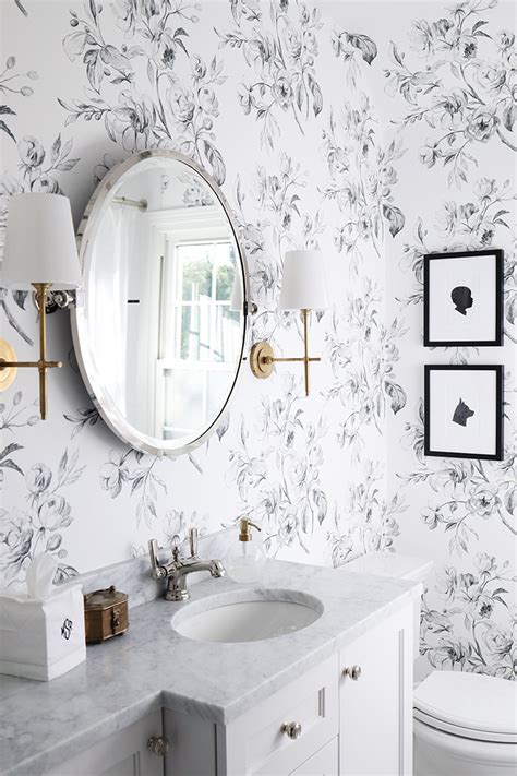 Black And White Bathroom Design With Floral Wallpaper