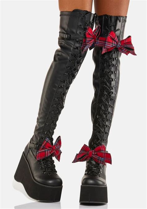 Demonia X Dolls Kill Kera 303 Plaid Bow Thigh High Platform Boots