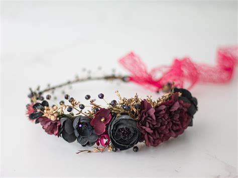 A Gorgeous Flower Crown In Pretty Tones Of Black Burgundy Gold Brown