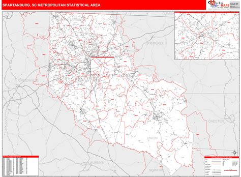 Spartanburg Sc Metro Area Wall Map Red Line Style By Marketmaps