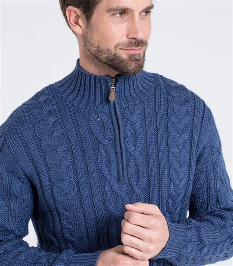 French Navy Mens Pure Wool Aran Cable Zip Neck Knitted Sweater