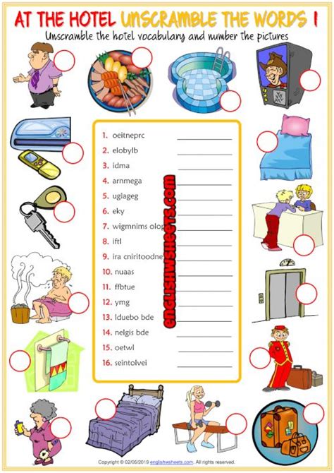 Hotel Vocabulary Esl Unscramble The Words Worksheets Unscramble Words