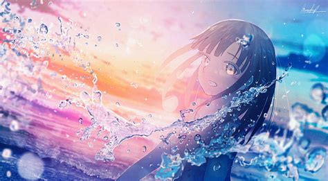 3840x2160px 4k Free Download Anime Girl Water Splash Sunset Anime