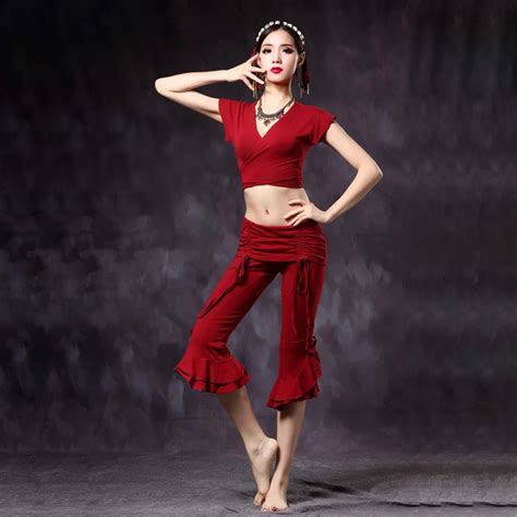 2018 Women Tribal Belly Dance Top And Pants 2 Pieces Set V Neck Choli Tops And Short Pants Trousers