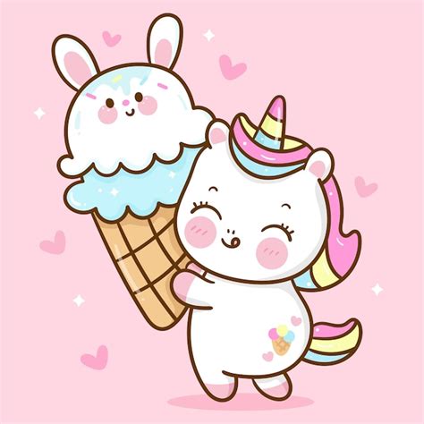 Premium Vector Cute Unicorn Cartoon Eat Bunny Ice Cream Cone Yummy
