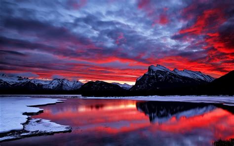 Red Sky Clouds Glow Sunset Mountain Lake Snow Winter Hd Wallpapers Landscape Desktop