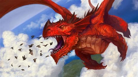 Red Dragon About To Eat Birds Digital Wallpaper Dragon Fantasy Art Hd